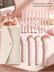 13-Piece Makeup Brush Set With Leather Makeup Bag, Complete Makeup Tool Kit Travel Essential, Makeup Brushes For Easy Application: Foundation, Blush, Eyeshadow, Brow, Contour, Lip And Nose Shadow, Professional Facial Makeup Brushes And Beauty Tools, Suitable For Powder, Liquid And Cream Cosmetics, Ideal For Daily Use And Travel - Pink - View 8