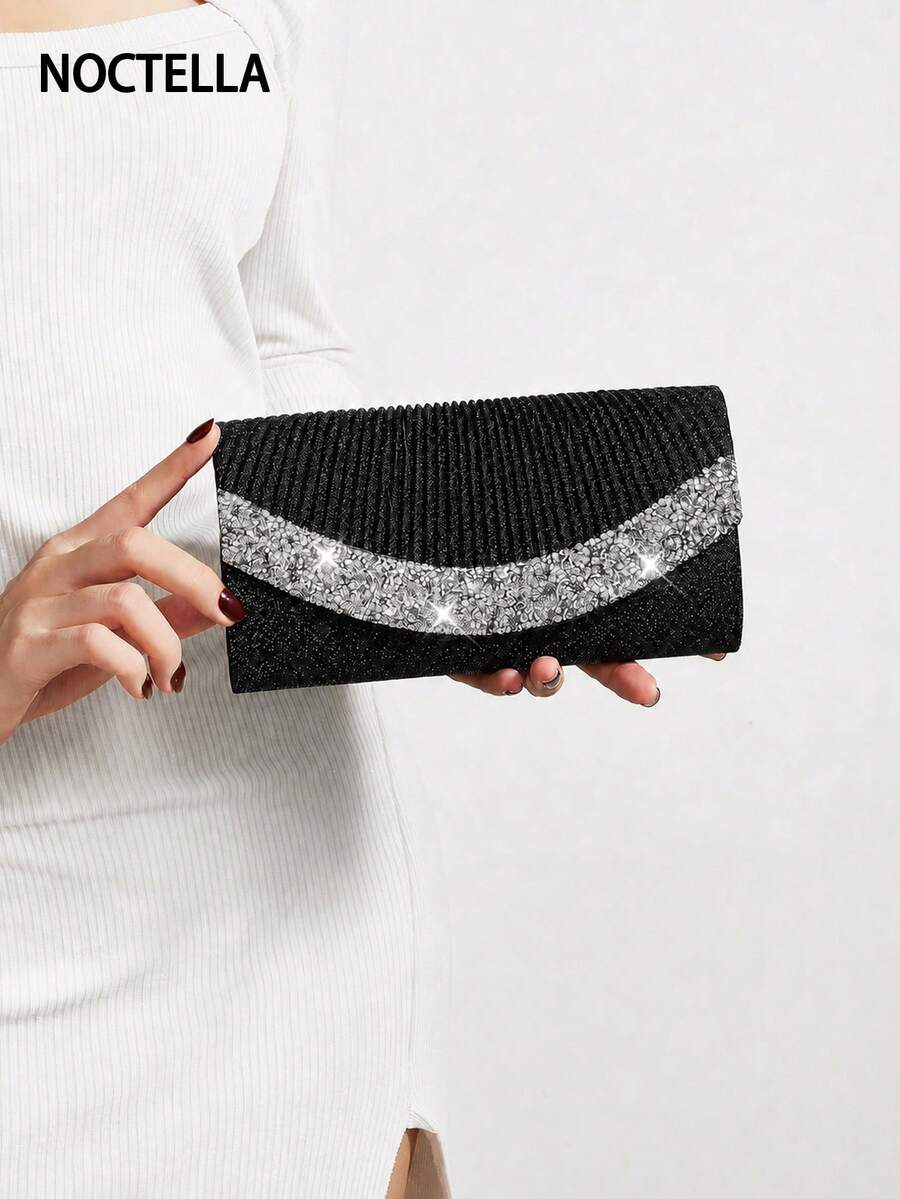 Noctella Luxury Black Evening Bag, Sparkling Rhinestone Trim Over A Pleated Front, Sophisticated Clutch For Wedding Receptions, Banquets & Formal Events - Black - View 1