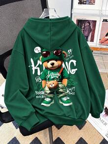 Tween Boys Streetwear Bear Graphic Sweatshirt, Cool Cartoon Bear Back Print Pullover, Soft Loose Casual Top, Suitable For Spring And Autumn Daily Wear - Dark Green - View 1