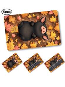 4pcs Cute Little Black Pig Autumn Leaf Heart Credit Card Stickers, Cartoon Healing Style Pig Card Decals, PVC Waterproof Anti-Fingerprint Scratch-Resistant Wear-Resistant Skin, Autumn Atmosphere Birthday Gift, Suitable For Men And Women, Small Chip Card, Bank Card, Credit Card, Transit Card, Access Card, Student Campus Card Personalized DIY, Privacy Protection - Multiple Styles - View 7