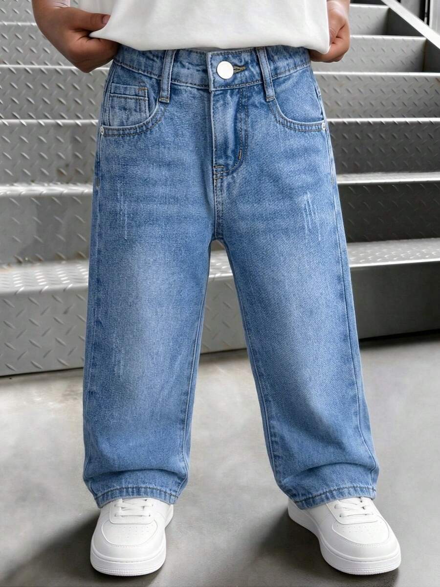 Young BoyStreet Style Medium Wash Adjustable Waist Distressed Denim Jeans
