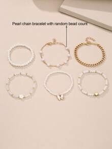 6pcs/Set Girls' Pearl & Seed Bead Heart & Butterfly Beaded Bracelet, Decorative For Daily Wear - Multicolor - View 3