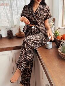 2pcs/Set Women's Leopard Print Short Sleeve Lapel Lace Trim Top And Long Pants Pajama Set, Suitable For All Seasons - Brown - View 5