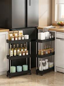 1pc 3/4-Tier Narrow Mobile Storage Cart, Bathroom Rolling Organizer Rack, Multi-Function Storage Shelf, Bathroom Gap Storage - Black - View 3