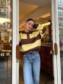 Women's Casual Comfortable Colorblock Striped Knit Sweater, Round Neck Button Design Top, Suitable For Daily Autumn/Winter Comfortable Outfit - Multicolor - View 2