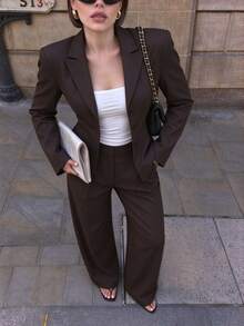 Fashionable Women's Lapel Blazer & Pleated Wide Leg Pants Set, Elegant Non-Stretch Fabric, Suitable For Autumn/Winter Office Wear, Solid Color - Chocolate Brown - View 8