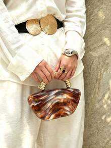 Light Luxury Gold Bead Handle Acrylic Hard Shell Bridal Evening Bag,Marble Pattern Asymmetrical Clutch,Fashion Handbag For Wedding Ceremony,Party - Coffee - View 3