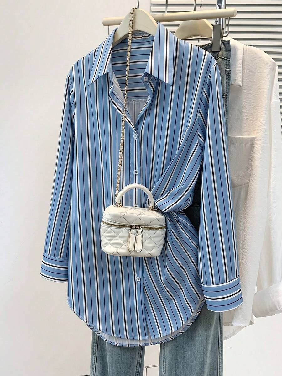 Women's Elegant Striped Long Sleeve Button-Down Shirt Collar Top, Blue Polyester Non-Stretch Blouse - Multicolor - View 1