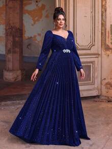 Plus Size Fall Winter Elegant V-Neck Long Sleeve Pleated Maxi Dress Evening Gown With 3D Floral Waist Decor For Party Wedding Guest, Mother Of Bride - Navy Blue - View 6