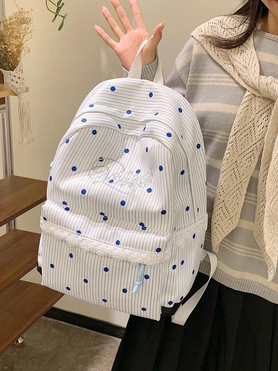 Striped Polka Dot Lace Backpack + Large Capacity Multi-Pocket + School Daily Travel + Sweet Y2K Embroidery Lightweight Backpack - Multicolor - View 1