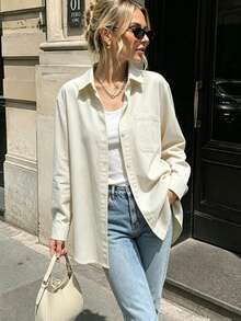 Women's Autumn Solid Color Pocket Front Button-Down Casual Shirt - Apricot - View 9