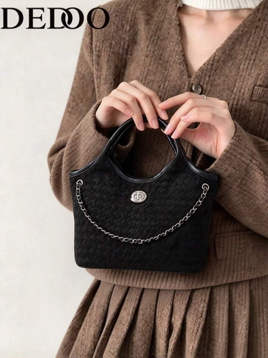 Dedoo 女款迷你托特手提包，編織紋理仿麂皮，金屬旋轉鎖扣鏈條肩帶，大容量，優雅奢華風，適合女性日常、派對、購物、通勤