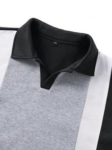 Camvyn Men's Sweatshirt, Autumn Patchwork Loose Drop Shoulder Airplane Collar Pullover, Casual Versatile Everyday Wear - Black - View 4