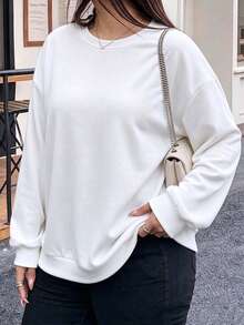 SUPEKYKO Plus Size Women's Solid Color Crew Neck Sweatshirt, Loose Casual Long Sleeve Pullover, Suitable For Hiking, Outdoor And Daily Wear - White - View 4