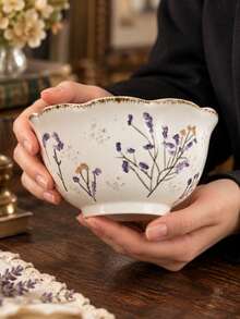Vintage Lavender Carved Floral Hand-Painted Underglaze Ceramic Bowl, Petal Rim Yogurt Oatmeal Rice Cereal Dessert Fruit Snack Bowl, Elegant Breakfast & Home Dining Tableware For Daily Use, Gift Idea - Multicolor - View 8
