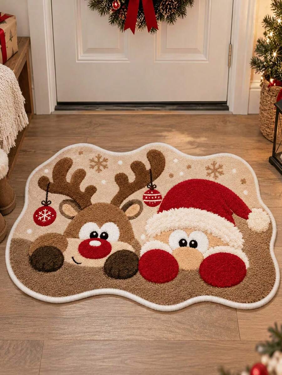 Christmas Reindeer And Santa Claus Decorative Pattern Rug, Asymmetrical Shape, Velvet Material, Bathroom Absorbent Non-Slip Mat, Ultra-Fine Fiber Material, Suitable For Bathroom, Living Room, Bedroom, Entrance Decoration, Holiday Decor, Christmas Decoration Rug 1pc - A - View 1