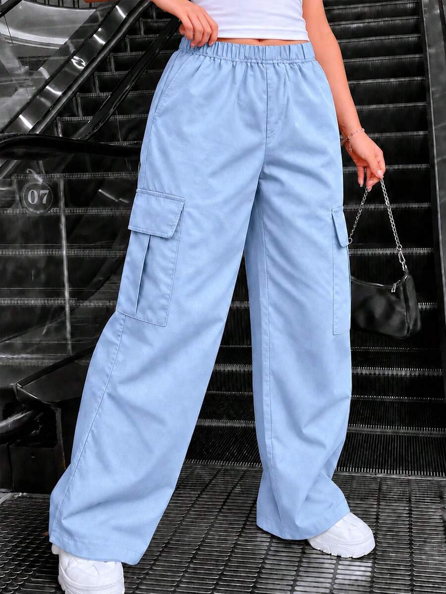 1pc Tween Girls' Fashionable Solid Color Casual Loose Cargo Pants With Multiple Pockets, Spring/Autumn - Dusty Blue - View 1