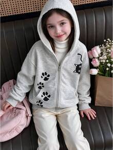 Teenage Girls Spring/Autumn Loose Hooded Zip-Up Sweatshirt, Oatmeal Gray Cartoon Black Cat Paw Print Zip-Up Jacket, Large Pocket Design - Light Grey - View 1