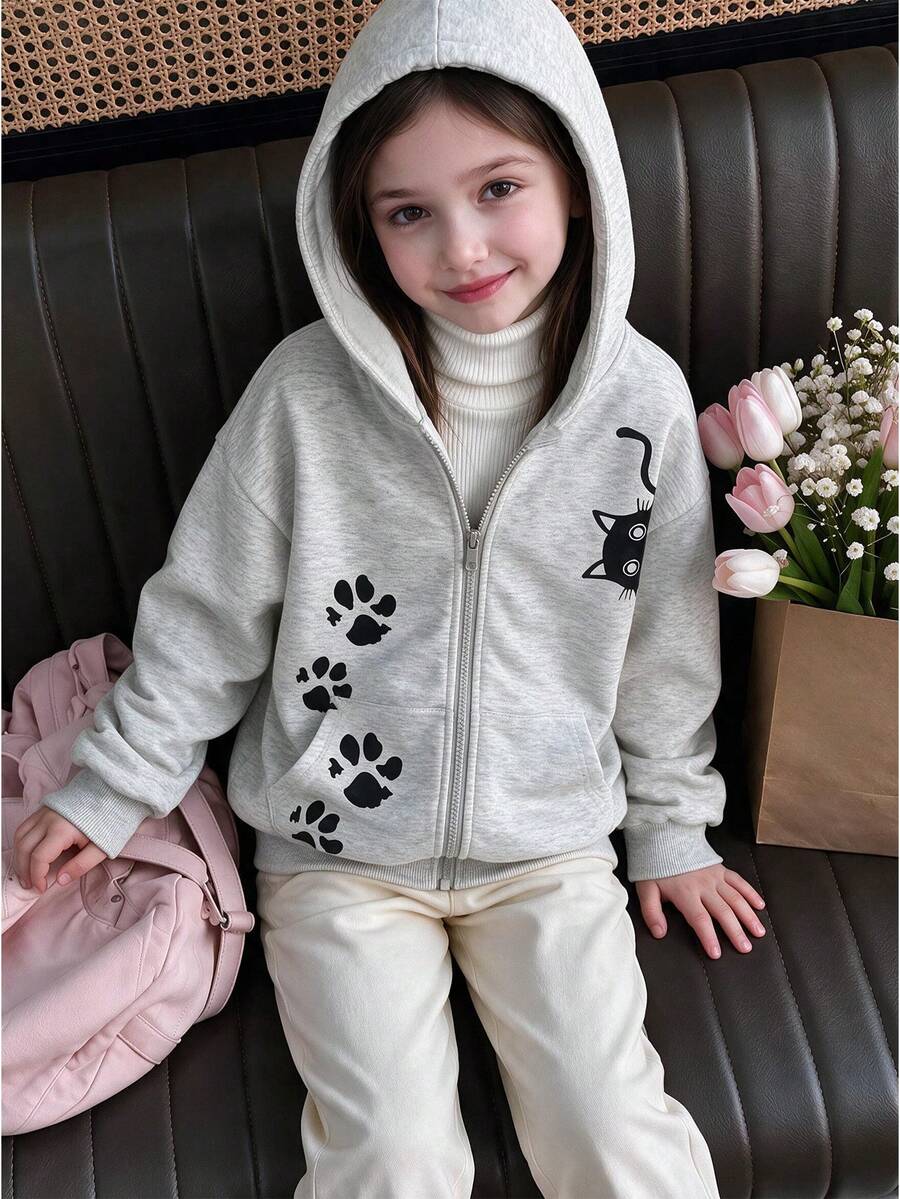 Teenage Girls Spring/Autumn Loose Hooded Zip-Up Sweatshirt, Oatmeal Gray Cartoon Black Cat Paw Print Zip-Up Jacket, Large Pocket Design - Light Grey - View 1