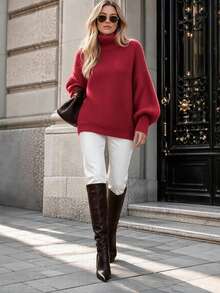 Women's Red Turtleneck Balloon Long Sleeve Ribbed Knit Oversized Pullover Sweater, Casual Cozy Fall Winter Daily Lounge Wear - Red - View 5