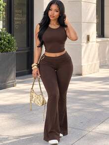FQLWL Women's Summer Street Style Two Pieces Set, Off-Shoulder Sleeveless Top With Pleated Long Pants Elegant - Brown - View 1