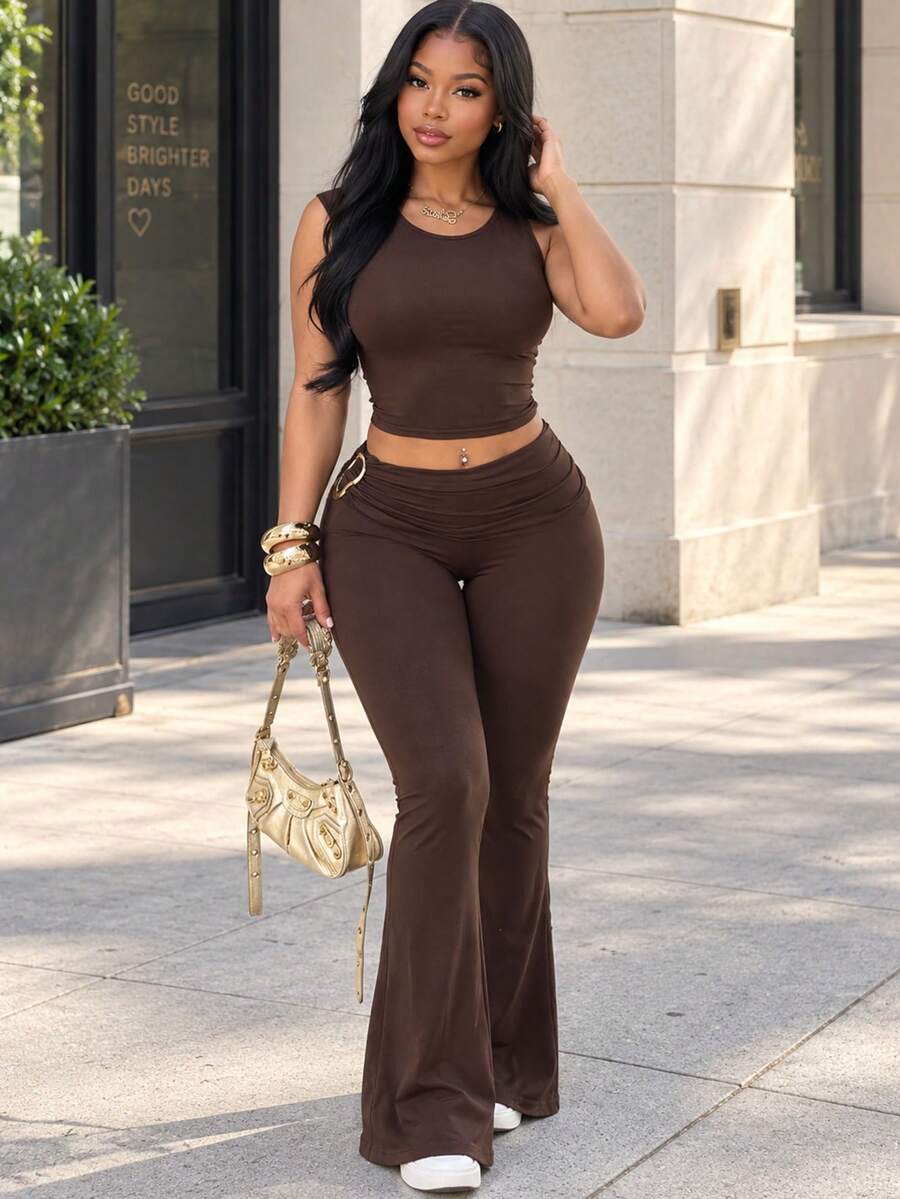 FQLWL Women's Summer Street Style Two Pieces Set, Off-Shoulder Sleeveless Top With Pleated Long Pants Elegant - Brown - View 1