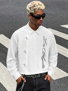 HOMIIE Men's White Frog Button Lapel Short Long Sleeve Shirt, Letter Print Loose Fit Casual Street Style Back To School Daily Wear, Suitable For Young Men - White - View 3