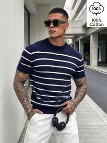 WAIT HIM 100% Cotton Men's Casual Colorblock Striped Knit Top - Blue and White - View 1
