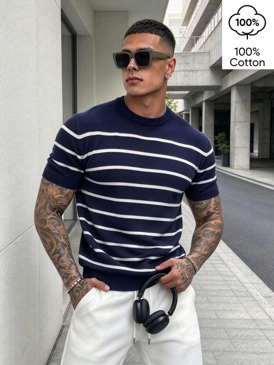 WAIT HIM 100% Cotton Men's Casual Colorblock Striped Knit Top - Blue and White - View 1