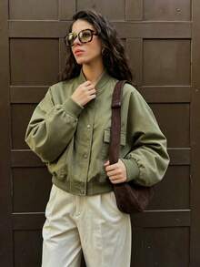 Casual Baseball Pocket Women's Jacket Loose Short Outerwear - Army Green - View 3
