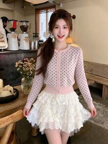 Autumn New Sweet Slimming Polka Dot Print Knit Cardigan Versatile Top For Women - Pink - View 4