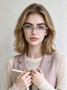 2pcs/1pc Women's Frameless Rectangular Light Glasses, Unisex, Vintage Gothic Style Luxury Retro Gold/Silver Metal Temple, Clear Cut Edge Lenses, Eye Protection Computer Glasses, Suitable For Office Wear - Multicolor - View 6