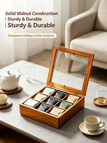 1pc Wooden 9-Compartment Tea Bag Storage Box, Divided Tea Bag Organizer, Multi-Slot Tea Storage Rack, Suitable For Kitchen Countertop Coffee Station, Home Decor, Housewarming Gift - Brown - View 2