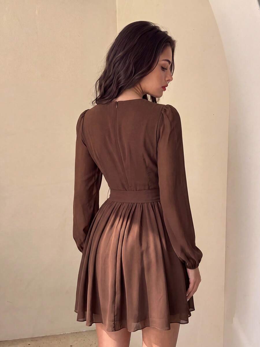 Women's Brown Casual Chic V-Neck Long Sleeves Chiffon Short Dress With A-Line Flared Hem, Perfect For Vacations, Fall Going Out, Festival & Graduation - Coffee Brown - View 1