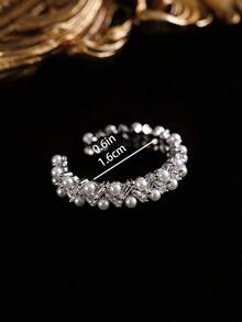 1pc Vintage Copper Double Row Faux Pearl Open Ring, Niche High-End Minimalist Style, Versatile Finger Ring Suitable For Women's Daily, Holiday, Party Wear - Silver - View 4