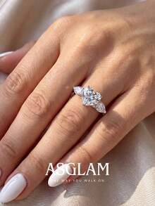 1pc Women's Sparkling Zirconia Pear-Shaped Ring, Engagement Wedding Party Daily Wear Anniversary Jewelry Gift - Silver - View 3