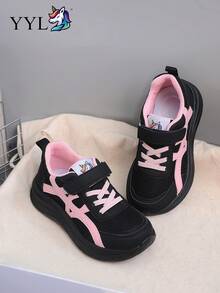 Girls' Mesh Sports Shoes Black & Pink Colorblock, Hook & Loop Lightweight Soft Sole, Breathable Non-Slip Children's Running Shoes - Pink - View 5