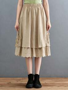 Women's Spring/Summer New Linen Fabric Embroidered Hem Long Dress, Casual Versatile Elastic Waist Lace Patchwork Skirt - Khaki - View 2