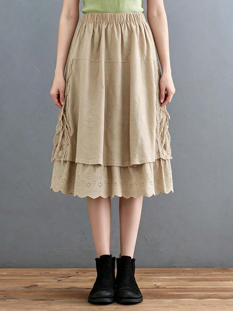 Women's Spring/Summer New Linen Fabric Embroidered Hem Long Dress, Casual Versatile Elastic Waist Lace Patchwork Skirt