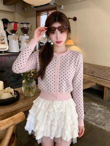 Autumn New Sweet Slimming Polka Dot Print Knit Cardigan Versatile Top For Women - Pink - View 6