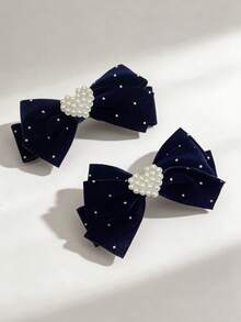 2pcs Valentine's Day Velvet Hair Clips, Red Rhinestone Heart Bow Hair Clips, Girly Style Hair Accessories, Suitable For Valentine's Day Party, Exquisite Gift For All Seasons - Royal Blue - View 8