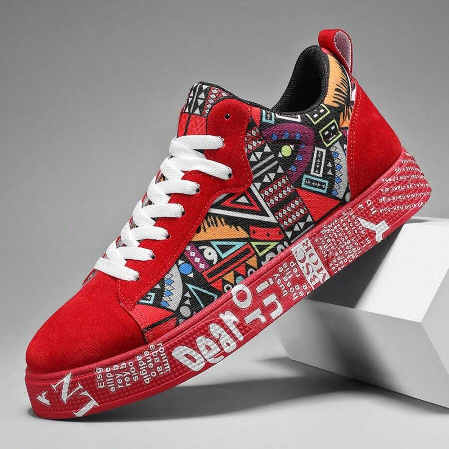 STARNOVO Men's Geometric Graffiti Pattern Skate Shoes - Durable Upper, Breathable Fabric Lining, Anti-Slip PVC Sole, Round Toe, Suitable For Outdoor Casual Wear In Spring, Summer, Autumn, Winter