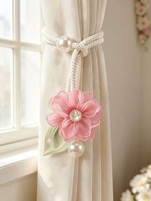 2pcs/Set French Style Fabric Floral Curtain Tieback Buckle Home Decor Pearl Embellished Curtain Buckle Suitable For Living Room Bedroom - Pearl Camellia Curtain Tie - View 9