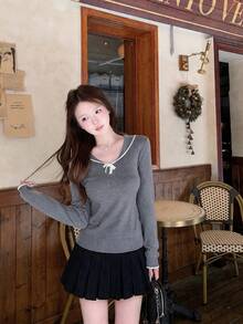 Women's Preppy Sweet Fall Solid Color Top, Bow Detail Long Sleeve Slim Fit Base Layer For School, Holiday, Travel - Grey - View 6