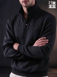 mulinsen Men's Half-Zip Stand Collar Textured Jacquard Patchwork Long Sleeve Sweatshirt, Minimalist Casual Top - Black - View 3