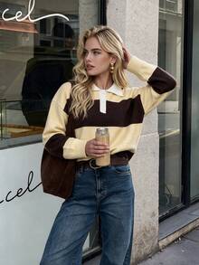 NOVELLE Women's Loose Layered Polo Collar Beige And Brown Striped Knit Sweater, Suitable For Date, Party, Daily Commute And Back To School Season - Multicolor - View 1