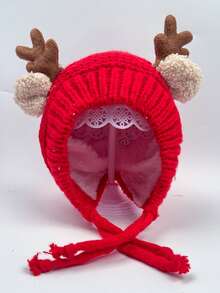 1pc Red Knitted Earflap Hat, Cute Deer Horn Decoration, Soft Lining Warm Knitted Hat With Drawstring, Winter Outdoor Protective Headwear, Suitable For Daily Wear - Multicolor - View 11