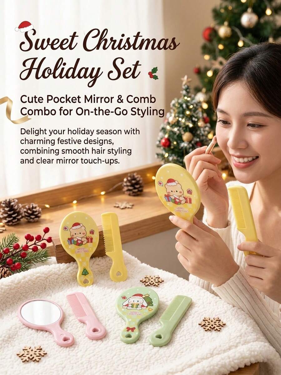 2pcs Christmas Cute Mirror & Comb Set, Customized Christmas Small Gift, Simple & Portable - Multicolor - View 1