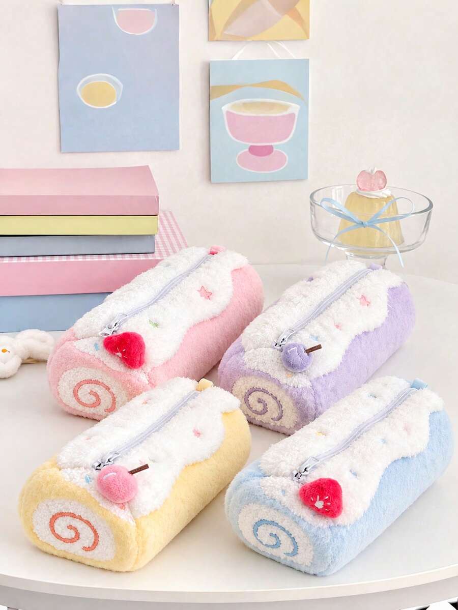 Cute Swiss Roll Plush Pencil Case, Large Capacity Toiletry Bag, Foldable Storage Bag, High Quality Sweet Stationery Organizer, Suitable For Students, Cosmetics Storage, Room Decor - Multicolor - View 1