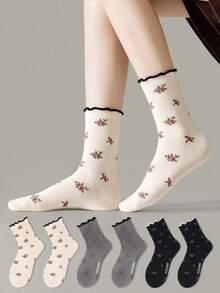ZUJO 3 Pairs Black White Grey Women's Mid-Calf Socks, Floral Pattern, Ruffle Trim, Warm Soft Breathable, Suitable For All Seasons Daily Wear, Random Color Shipment - Multicolor - View 1